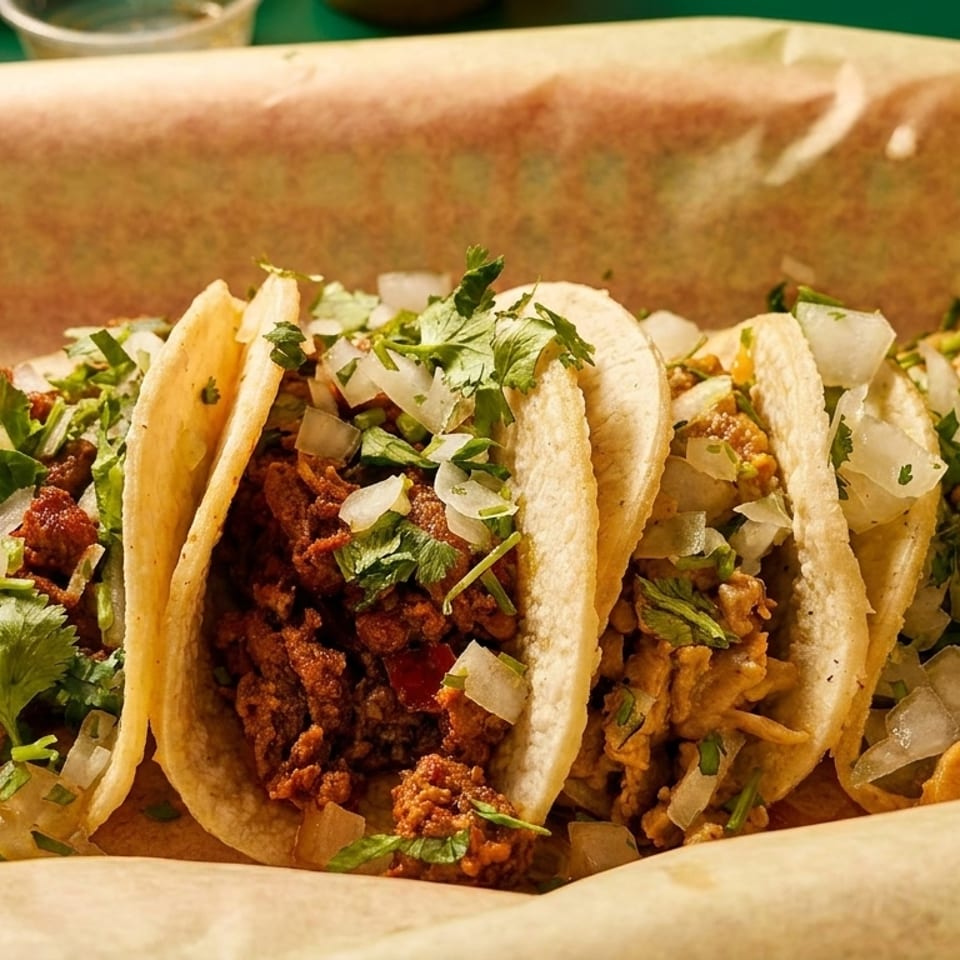 Four street tacos with various fillings, cilantro, and diced onions in a red basket.