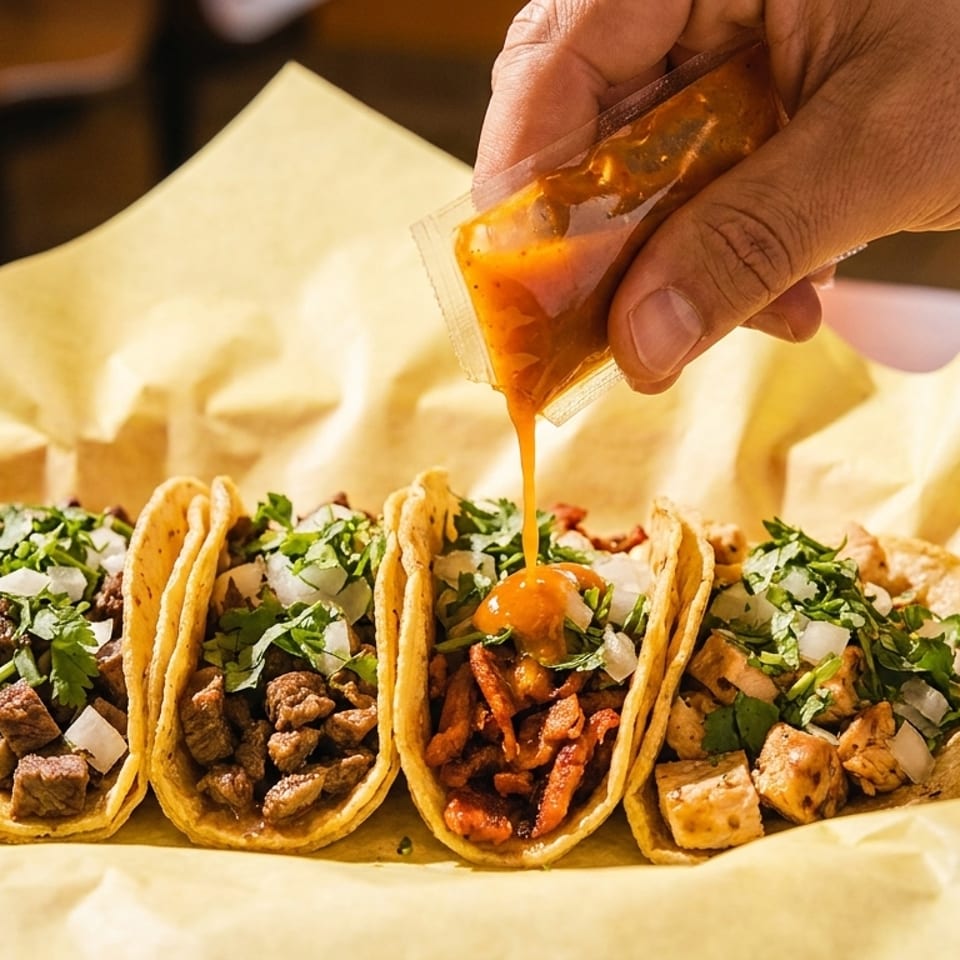 A hand squeezes sauce from a packet onto a row of four street tacos with various fillings.