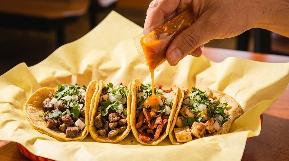 A hand squeezes sauce from a packet onto a row of four street tacos with various fillings.