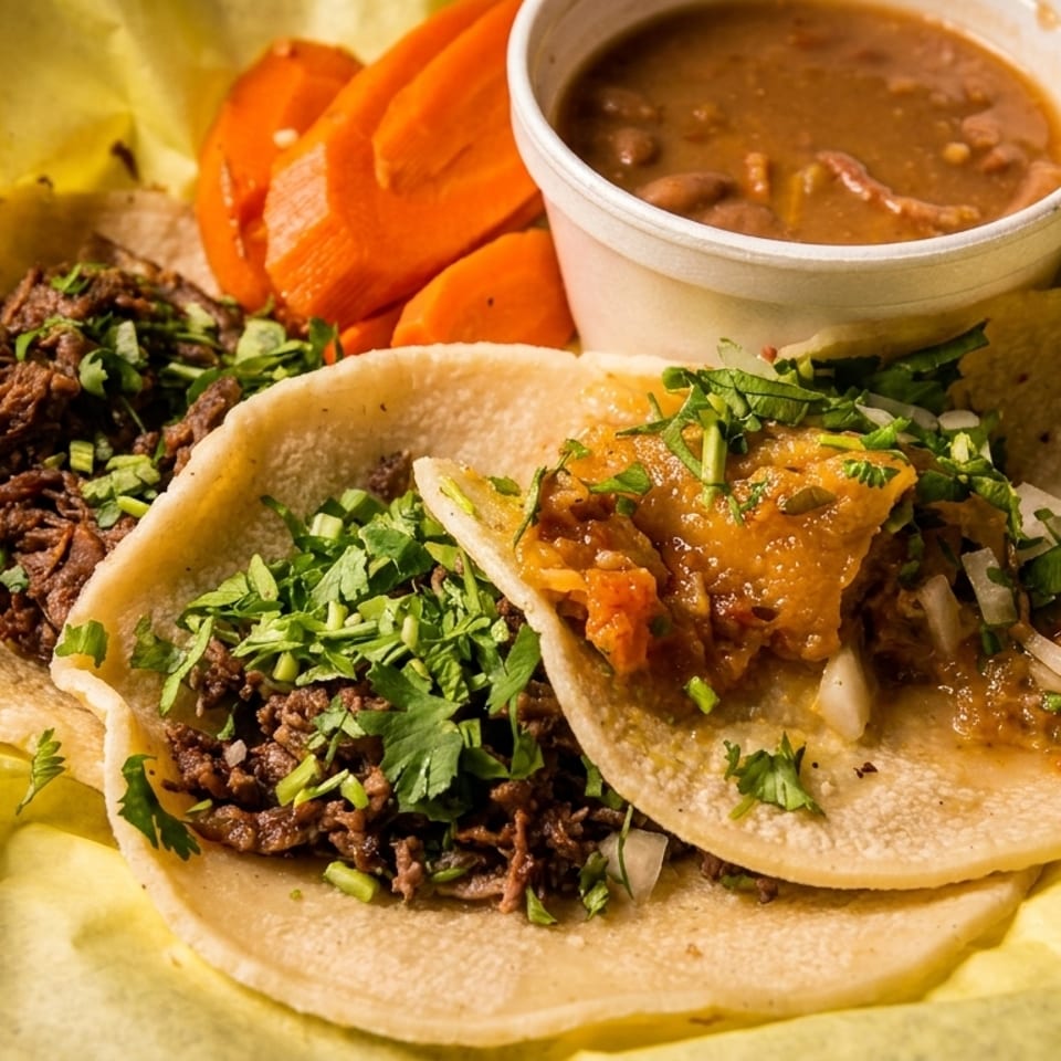 Three street tacos with meat, cilantro, and onions, served with a side of beans and carrots.