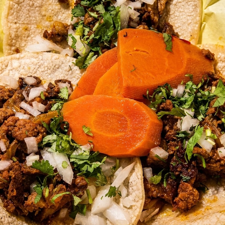 Three tacos with seasoned meat, diced onions, cilantro, and sliced carrots on yellow paper.