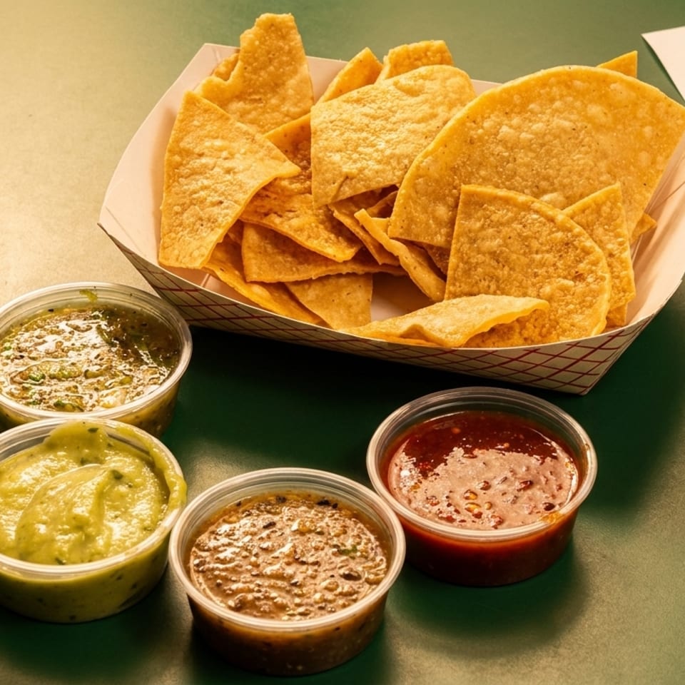 A basket of tortilla chips with four small containers of various salsas and guacamole.